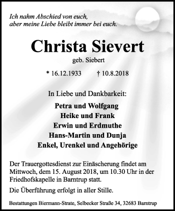 Anzeige  Christa Sievert  Lippische Landes-Zeitung
