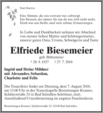 Anzeige  Elfriede Biesemeier  Lippische Landes-Zeitung