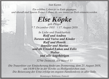 Anzeige  Else Köpke  Lippische Landes-Zeitung