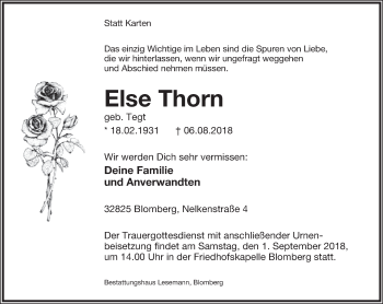 Anzeige  Else Thorn  Lippische Landes-Zeitung