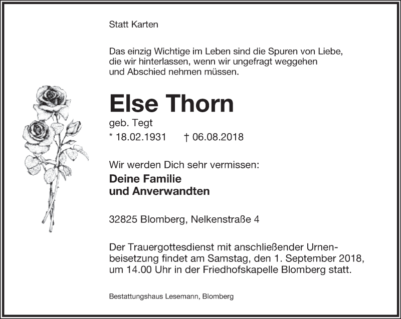  Traueranzeige für Else Thorn vom 25.08.2018 aus Lippische Landes-Zeitung