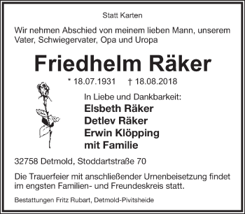 Anzeige  Friedhelm Räker  Lippische Landes-Zeitung