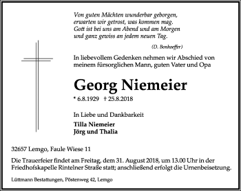 Anzeige  Georg Niemeier  Lippische Landes-Zeitung