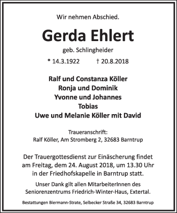 Anzeige  Gerda Ehlert  Lippische Landes-Zeitung