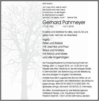 Anzeige  Gerhard Pahmeyer  Lippische Landes-Zeitung