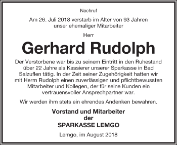 Anzeige  Gerhard Rudolph  Lippische Landes-Zeitung