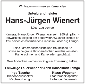 Anzeige  Hans-Jürgen Wienert  Lippische Landes-Zeitung