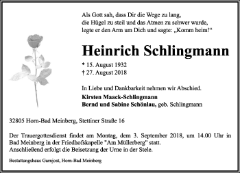 Anzeige  Heinrich Schlingmann  Lippische Landes-Zeitung