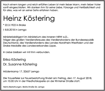 Anzeige  Heinz Köstering  Lippische Landes-Zeitung