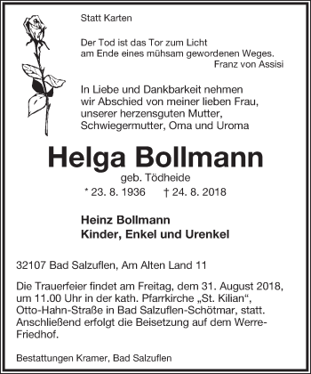 Anzeige  Helga Bollmann  Lippische Landes-Zeitung