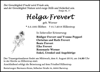 Anzeige  Helga Frevert  Lippische Landes-Zeitung