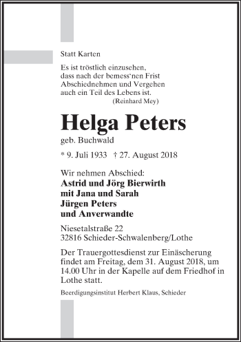 Anzeige  Helga Peters  Lippische Landes-Zeitung