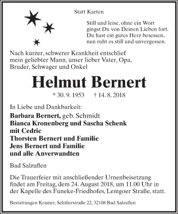 Anzeige  Helmut Bernert  Lippische Landes-Zeitung