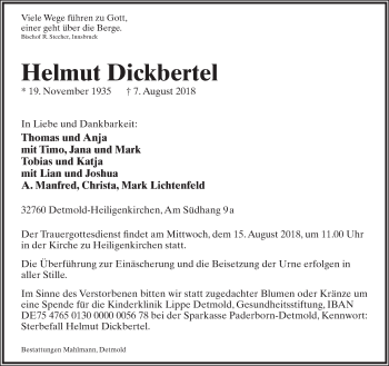 Anzeige  Helmut Dickbertel  Lippische Landes-Zeitung