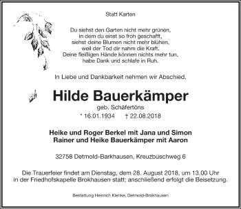 Anzeige  Hilde Bauerkämper  Lippische Landes-Zeitung