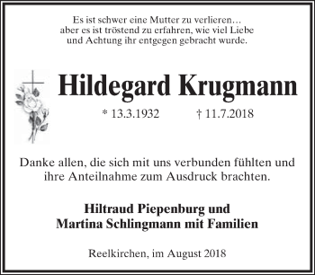 Anzeige  Hildegard Krugmann  Lippische Landes-Zeitung