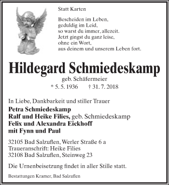 Anzeige  Hildegard Schmiedeskamp  Lippische Landes-Zeitung