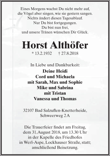 Anzeige  Horst Althöfer  Lippische Landes-Zeitung