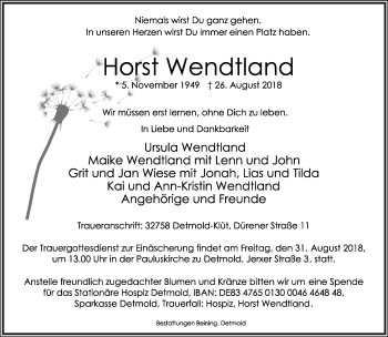 Anzeige  Horst Wendtland  Lippische Landes-Zeitung