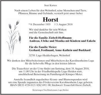 Anzeige  Horst Ziebell  Lippische Landes-Zeitung