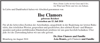 Anzeige  Ilse Clamors  Lippische Landes-Zeitung