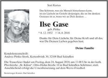 Anzeige  Ilse Gase  Lippische Landes-Zeitung