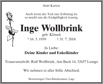 Anzeige  Inge Wollbrink  Lippische Landes-Zeitung