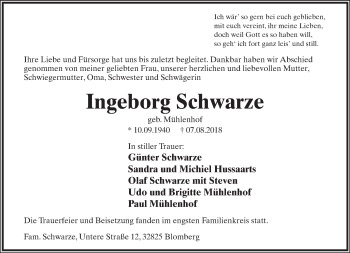 Anzeige  Ingeborg Schwarze  Lippische Landes-Zeitung