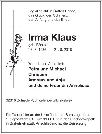 Anzeige  Irma Klaus  Lippische Landes-Zeitung