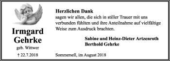 Anzeige  Irmgard Gehrke  Lippische Landes-Zeitung