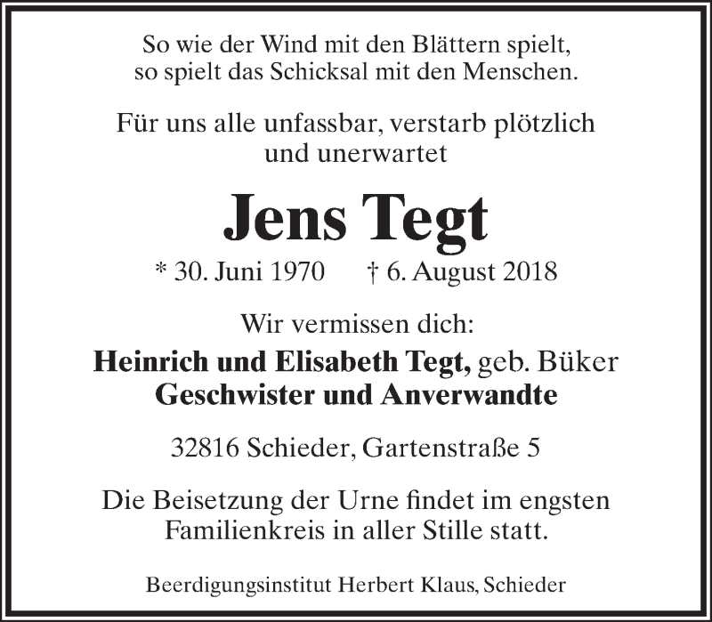 Traueranzeige für Jens Tegt vom 11.08.2018 aus Lippische Landes-Zeitung