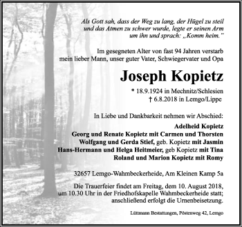 Anzeige  Joseph Kopietz  Lippische Landes-Zeitung