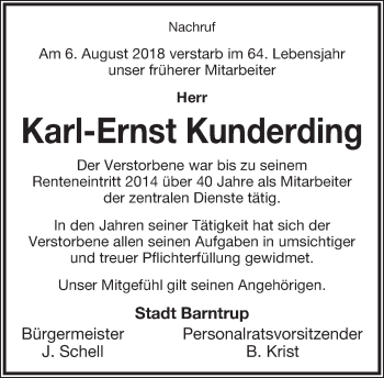 Anzeige  Karl-Ernst Kunderding  Lippische Landes-Zeitung