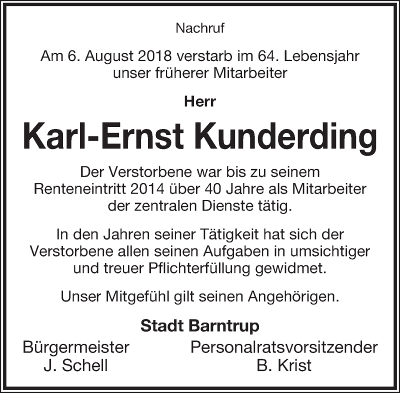  Traueranzeige für Karl-Ernst Kunderding vom 30.08.2018 aus Lippische Landes-Zeitung