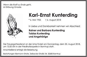 Anzeige  Karl-Ernst Kunterding  Lippische Landes-Zeitung