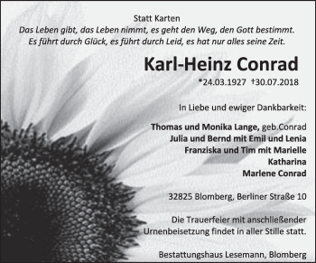 Anzeige  Karl-Heinz Conrad  Lippische Landes-Zeitung