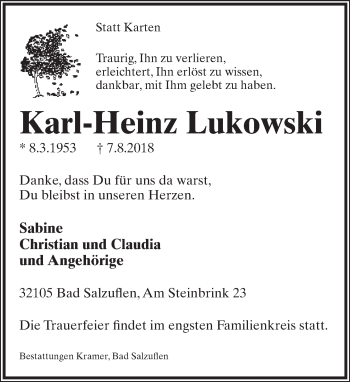 Anzeige  Karl-Heinz Lukowski  Lippische Landes-Zeitung