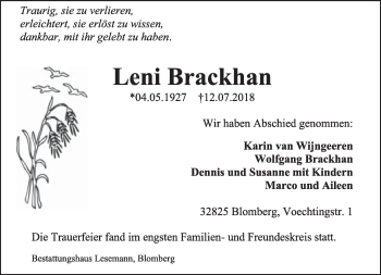 Anzeige  Leni Brackhan  Lippische Landes-Zeitung