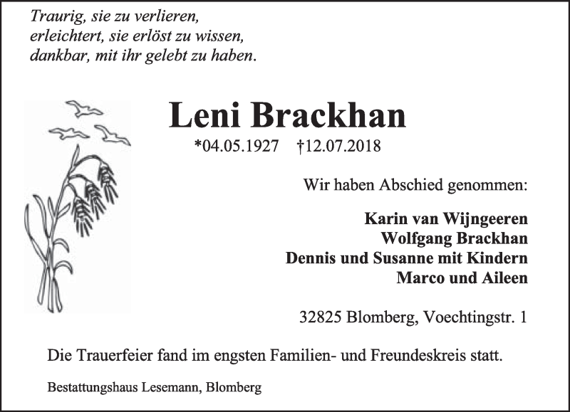  Traueranzeige für Leni Brackhan vom 04.08.2018 aus Lippische Landes-Zeitung