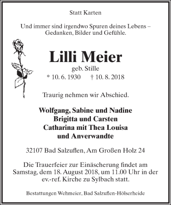 Anzeige  Lilli Meier  Lippische Landes-Zeitung