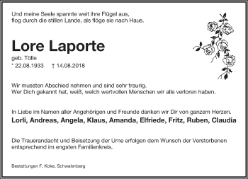 Anzeige  Lore Laporte  Lippische Landes-Zeitung