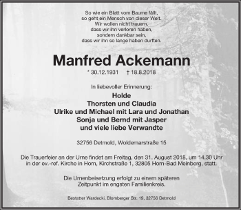 Anzeige  Manfred Ackemann  Lippische Landes-Zeitung