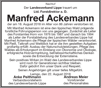Anzeige  Manfred Ackemann  Lippische Landes-Zeitung