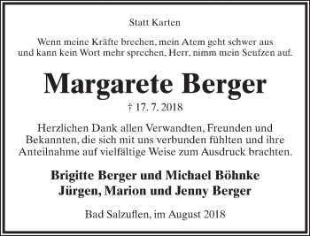 Anzeige  Margarete Berger  Lippische Landes-Zeitung