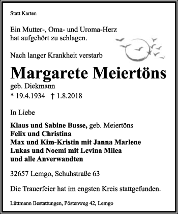 Anzeige  Margarete Meiertöns  Lippische Landes-Zeitung