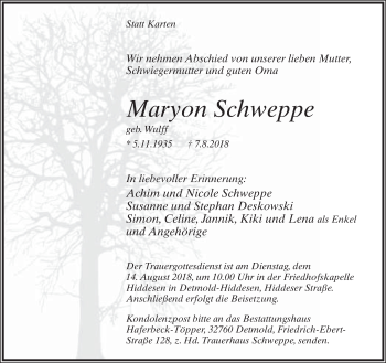 Anzeige  Maryon Schweppe  Lippische Landes-Zeitung