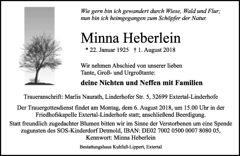  Traueranzeige für Minna Heberlein vom 04.08.2018 aus Lippische Landes-Zeitung
