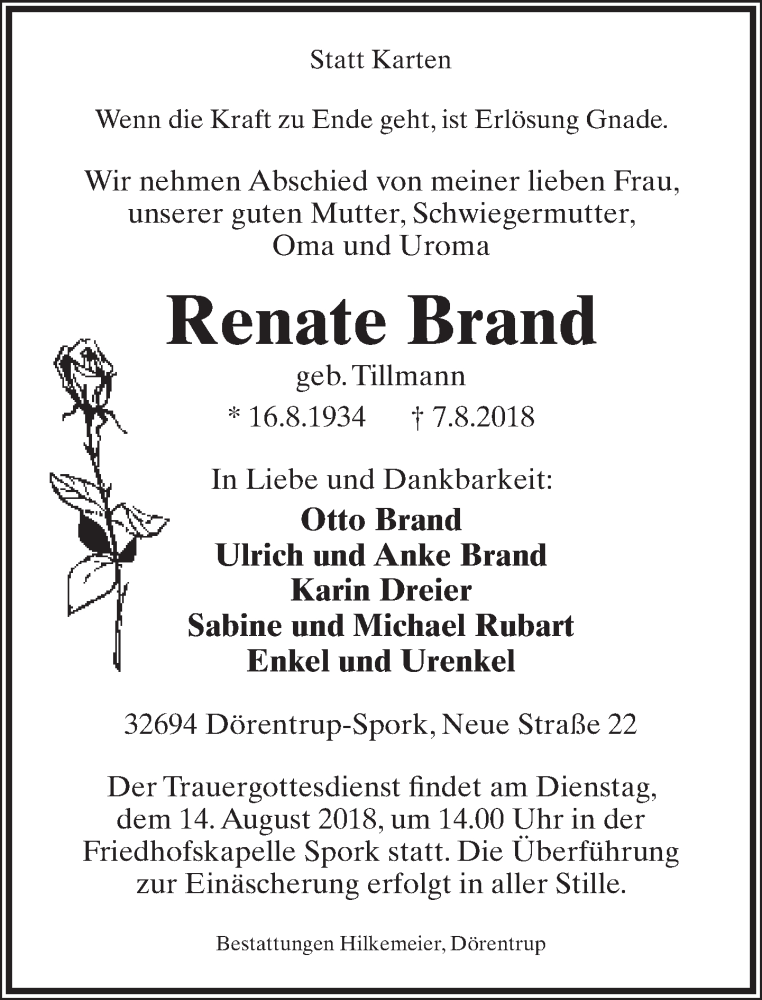  Traueranzeige für Renate Brand vom 11.08.2018 aus Lippische Landes-Zeitung