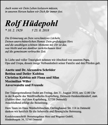 Anzeige  Rolf Hüdepohl  Lippische Landes-Zeitung