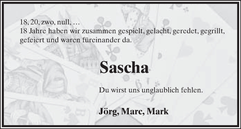  Traueranzeige für Sascha Richter vom 03.08.2018 aus Lippische Landes-Zeitung